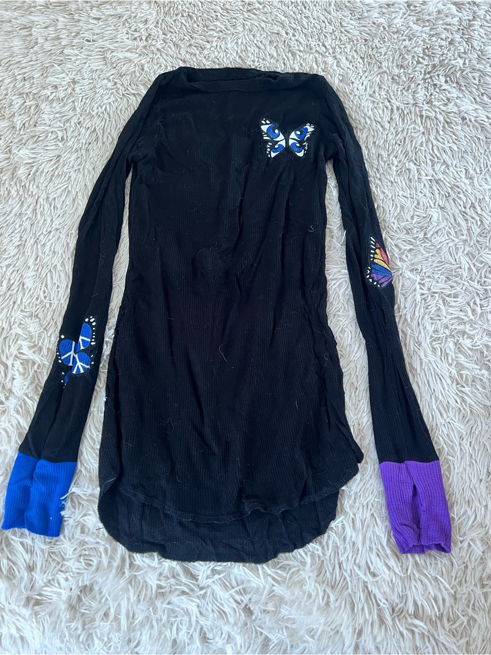 Lauren Moshi Black Long Sleeve Top with Blue & Purple Cuff Accents